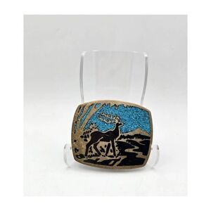 Vintage Brass Turquoise Chip Deer Buck Belt Buckle